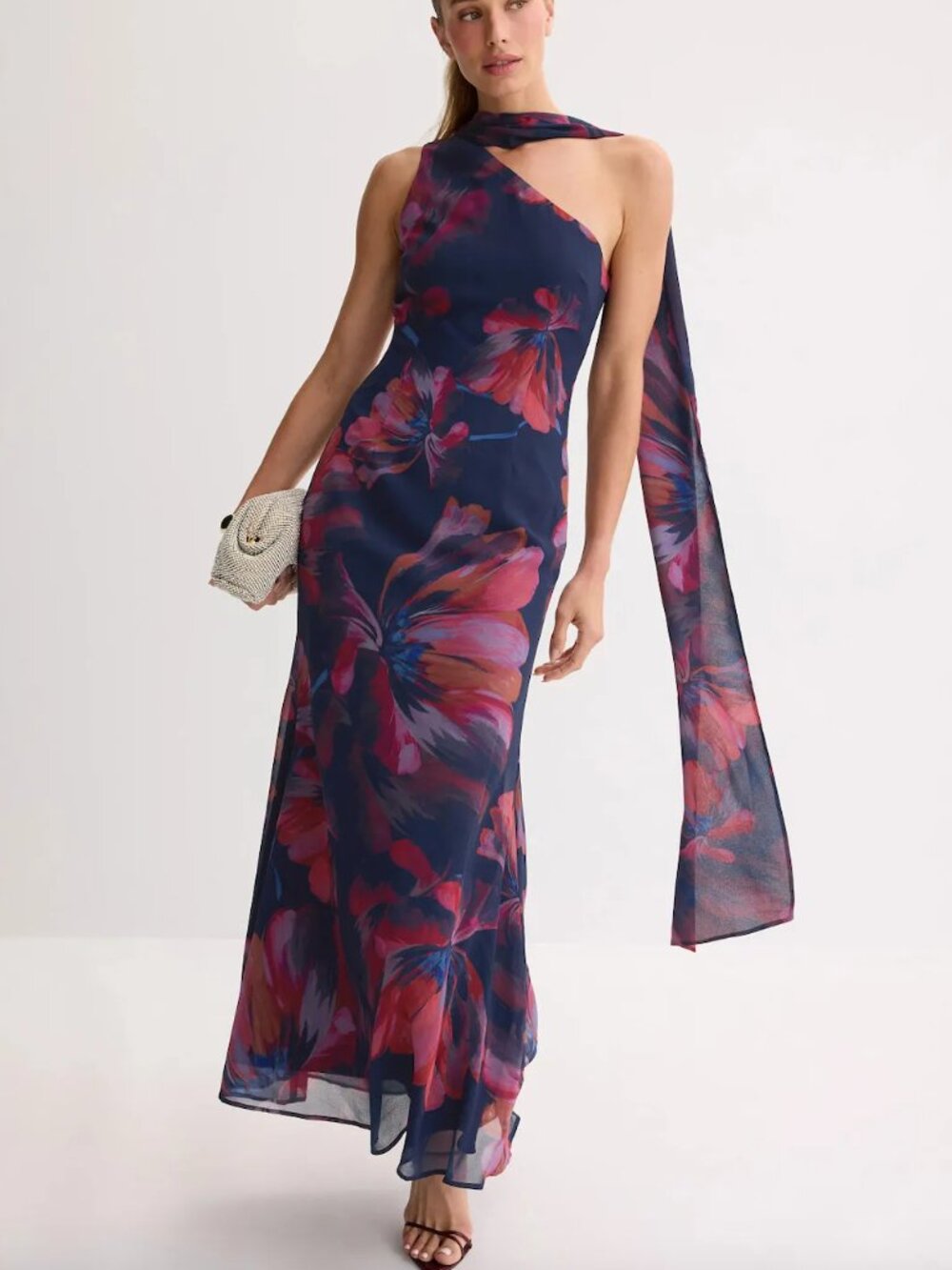 Hutch One Shoulder Tie Neck Maxi Dress in Blue Pink Floral Formal Scarf Gown 10